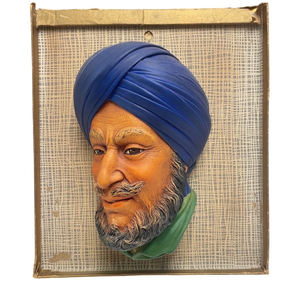 Bossons England Sikh Character Head Chalkware Wall Mask Vintage Blue Turban 6in